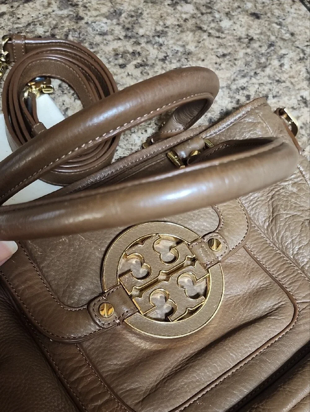 Tory Burch Amanda Brown Leather Satchel Handbag with Gold Logo Accent